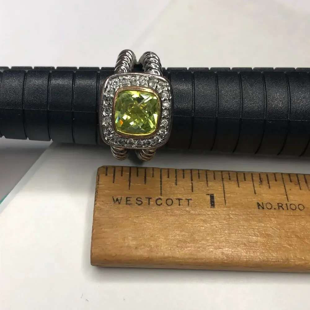 Ring Fashion Double Twisted Silver Tone Band Large Halo Square Stone Green 7